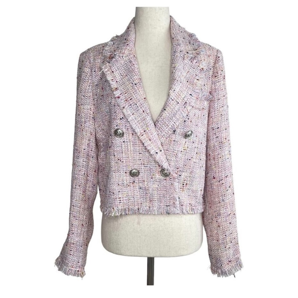 Aqua Cropped Pink Tweed Double-Breasted Blazer